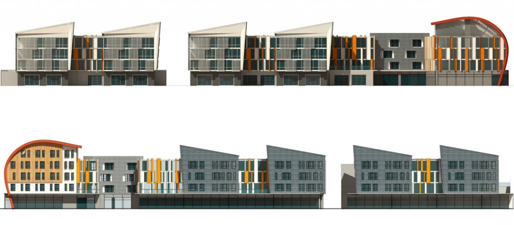 Project elevations (campus side, top; city side, below)
