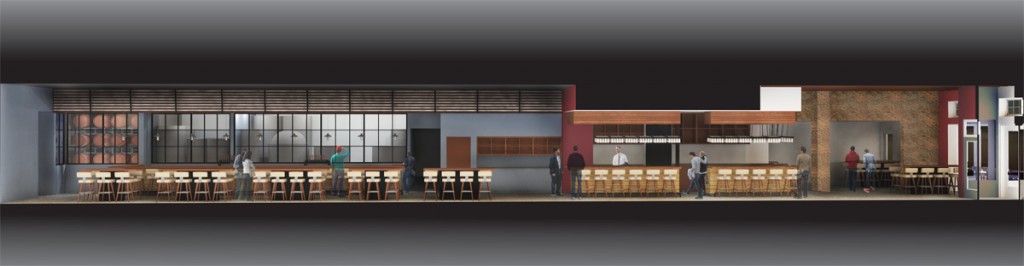 Rear seating and brew works, front bar, historic storefront (L to R)