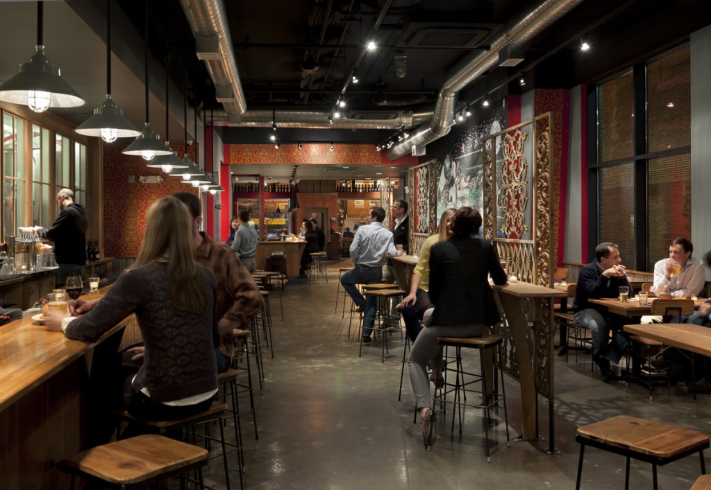 Restaurant seating with brew works on left